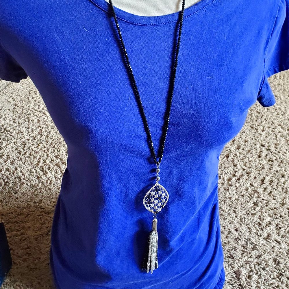 30" Czech Glass Bead 8" Tassel Pendant Necklace